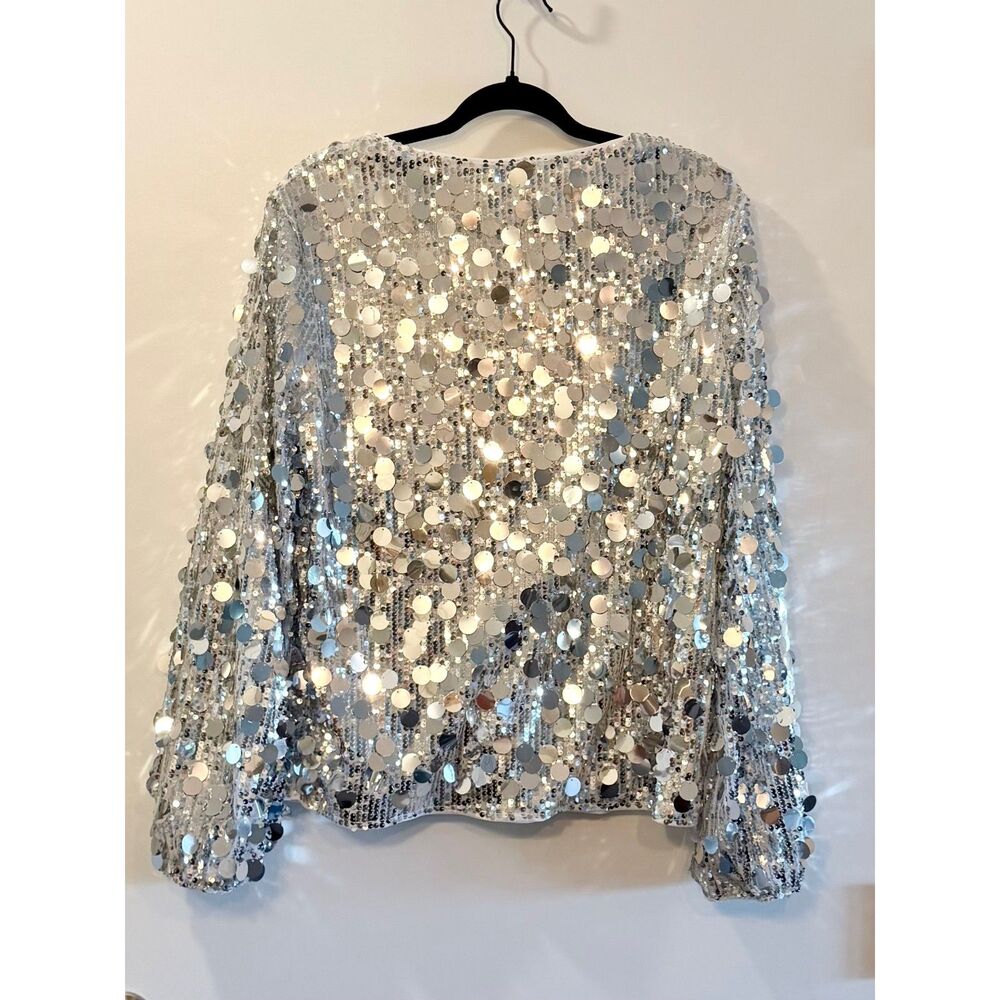 EUC EMERY ROSE Women's Luxurious Sequin V-Neck Long Sleeve Blouse XL Silver - Picture 5 of 8